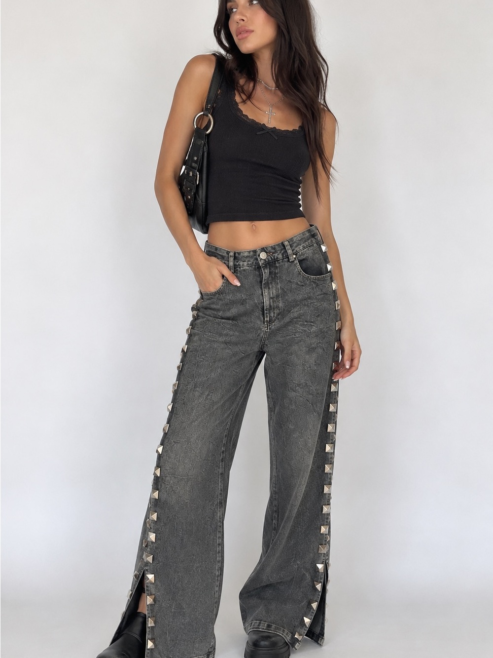 Grunge Goth Alt Studded Y2k Wideleg 25 waist